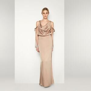 Fame & Partners Libra Satin Draped High Slit Maxi Dress Sz 2